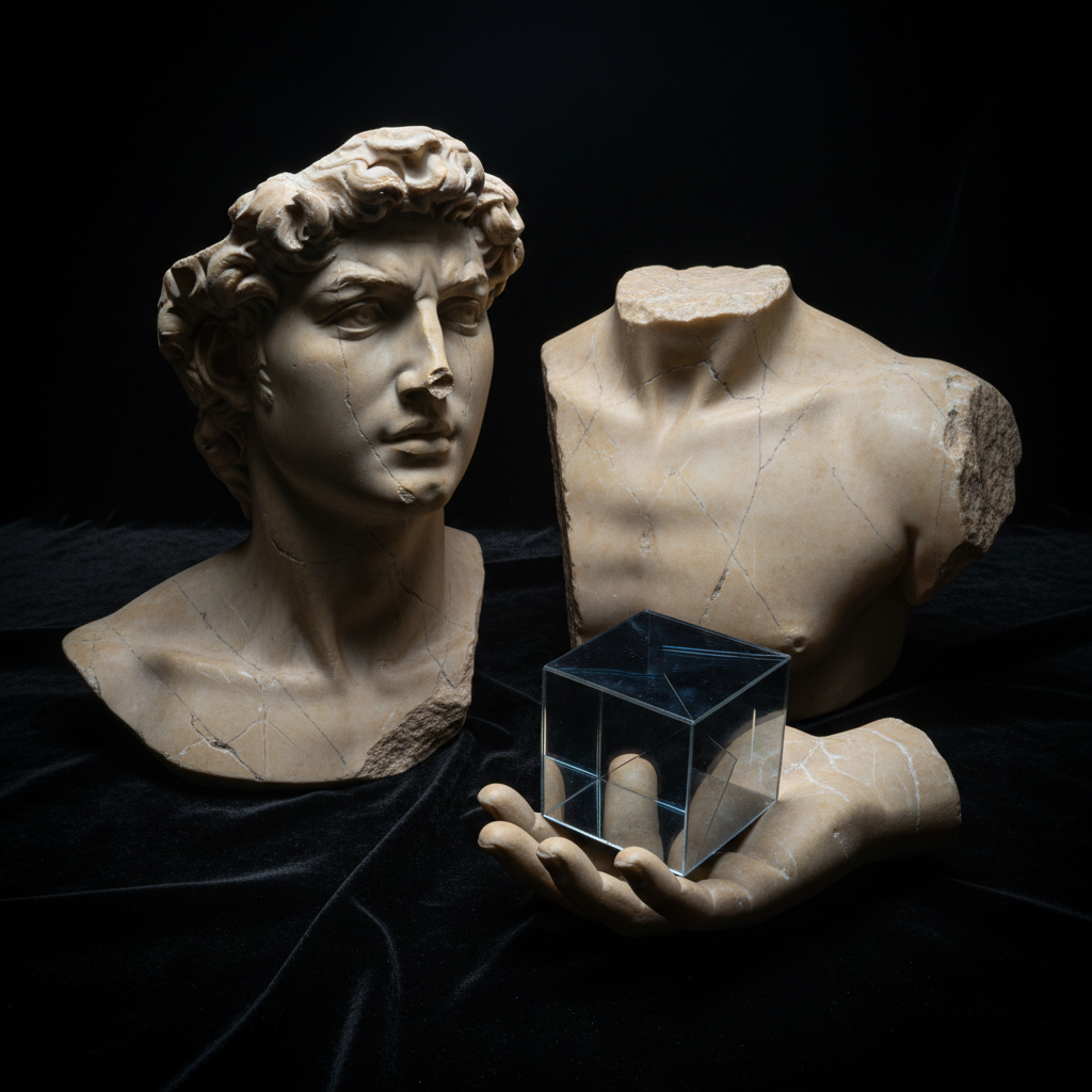A disassembled classical marble bust lies across a black velvet surface: the head, a fragmented torso, and a hand holding a small, mirrored cube. The marble is slightly yellowed and cracked, with visible chisel marks and dust caught in the crevices. The mirrored cube reflects distorted, glitch-like fragments of the bust and the surrounding darkness. Dim, cool-toned studio lighting falls from above, creating subtle specular highlights on the marble and sharp reflections on the cube. The background dissolves into deep shadow, with only the velvet texture barely discernible at the edges. Photographic realism, centered composition with tight framing around the fragments, creating a tense, contemplative mood about the decomposition and recomposition of classical thought in critical philosophy.