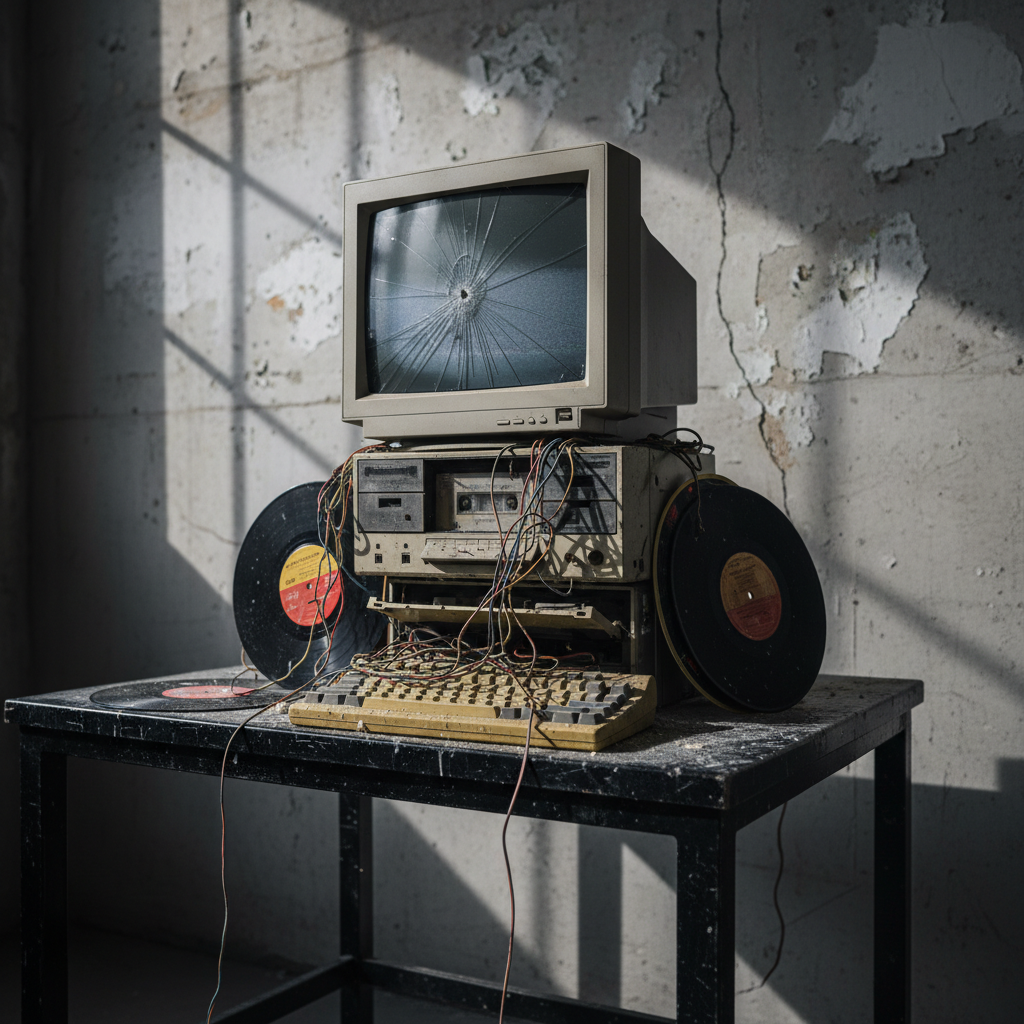 An intricate assemblage of obsolete technologies forms a precarious tower on a scratched black steel table: cracked CRT monitor, dusty cassette deck, frayed cables, warped vinyl records, and a chipped mechanical keyboard. Each surface shows wear, dust, and fingerprints, emphasizing material history. Behind the tower, a bare concrete wall is partially painted in uneven, peeling white, revealing stains and hairline fractures. Harsh side lighting from an unseen industrial window slashes across the scene, producing long, distorted shadows and glints on metal edges. Photographic realism from a low-angle perspective, as if the tower looms critically over the viewer. The atmosphere is dark and analytical, evoking critique of technological progress, with rich textural detail and shallow depth of field isolating the assemblage against a murky, out-of-focus background.